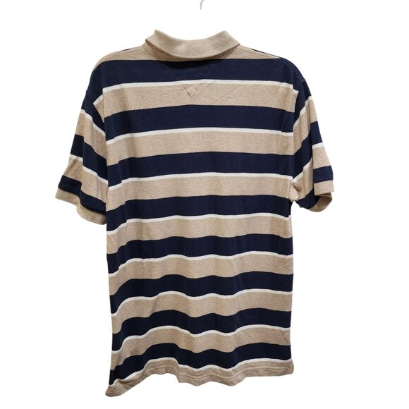 Tommy Hilfiger Men’s L Beige Navy Stripe Short Sleeve Polo Shirt 100% Cotton - Picture 3 of 10